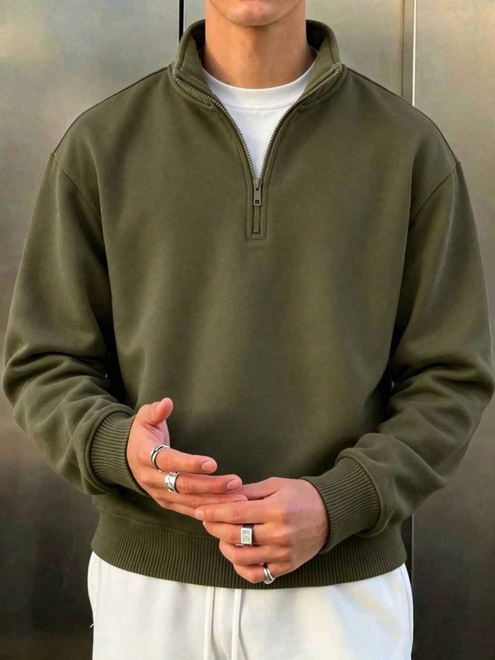 Olive Green Casual Men's Printed Zip-Up Collar Sweatshirt